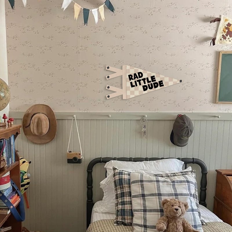 JXREQ Rad Little Dude Pennants Banners Flags for Kids Boys Room Decor, Trendy Retro Neutral Checkered Kids Canvas Wall Art Decor for Toddler Room Nursery Playroom, 8x17 Inch - Image 5